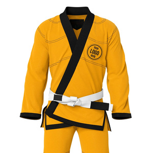 Uniforme de Jiu-Jitsu jaune avec bordure noire et ceinture blanche pour adultes, unisexe, coupe régulière, logo sur le devant - Product Image 5