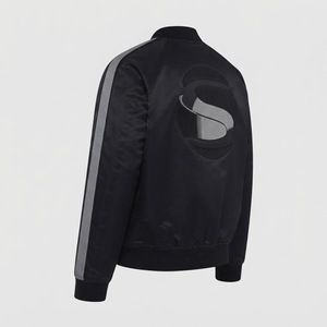 Blouson de baseball décontracté noir en satin pour homme avec col montant brodé, style universitaire et universitaire, vente en gros - Product Image 5