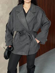 Elegant Gray Brushed <b>coat</b> fabric <b>Wool</b> Blend Trench <b>Coat</b> <b>With</b> <b>Belt</b> Full Sleeve Notched Collar Midi Length Winter Wear - Product Image 3