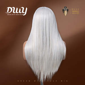 DWY Transparent Lace Front Glueless Synthetic <b>Long</b>-Length Straight <b>Wig</b> White Color Middle Part - Product Image 4