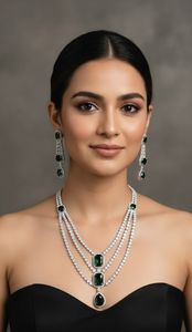 Conjunto de collar y pendientes de esmeralda cascada royale, muy hermoso, hecho con piedras de esmeralda verde premium en corte rectangular y de lágrima. - Product Image 2