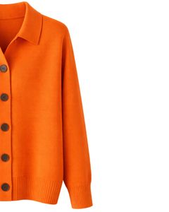 Women Orange Button Front Knit <b>Cardigan</b> Sweater Long Sleeve Soft Casual Winter Top <b>With</b> Polo Collar For Ladies Fashion Wear - Product Image 4
