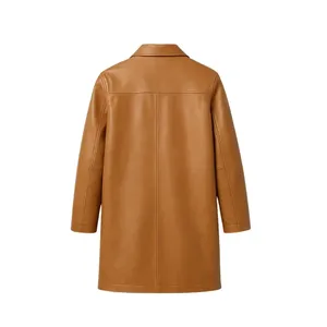 Tan Brown <b>Leather</b> Coat with Button Closure and Pockets - Product Image 2