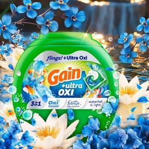 Lessives concentrées Gain Flings Ultra Oxi, 112 unités, parfum Waterfall Delight, avec technologie anti-odeurs - Product Image 1