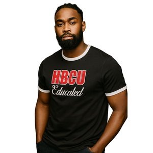 HBCU hombres educados Chenille contraste Trim Ringer camiseta negra con letras bordadas Rojas ropa universitaria de algodón suave - Product Image 1