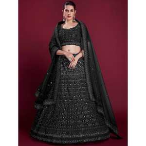 Precioso Lehenga Choli Negro de Georgette para Recepción con Bordado para Vestimenta de Boda - Product Image 1
