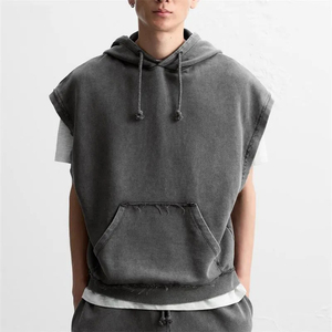 Custom Logo Men <b>Hoodies</b> Without Sleeve Vintage Acid Wash Black Cut Edges Hoodie Streetwear Distressed <b>Sleeveless</b> <b>Hoodies</b> wear - Product Image 1