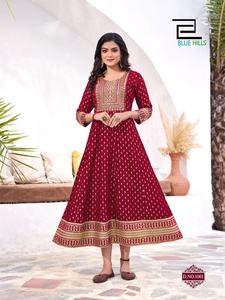 Designer Feuille D'impression Anarkali Style 14KG Rayon Kurtis Indien Ethnique Casual Daily Wear pour les Femmes Plus Tailles Disponibles - Product Image 4