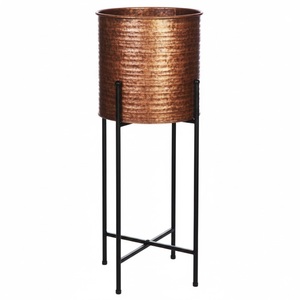 Maceta Decorativa Elegante de Metal Martillado de Cobre con Soporte Redondo de Hierro Negro para Plantas de Interior, Decoración del Hogar y Jardín - Product Image 1
