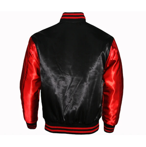 Men's Varsity <b>Jacket</b> Black Red Satin Sleeve Button Closure Turn-down Collar Casual Autumn Wear Regular Fit - Product Image 6