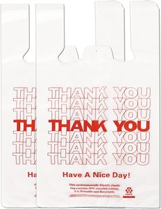 Bolsa blanca de camiseta con mensaje de agradecimiento, bolsa de compras reutilizable y desechable para supermercado - Product Image 1