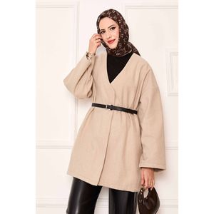 Elegante Abrigo Oversize Beige de Cachemira con Cuello Alto, Capucha, Cierre de Cremallera, Estampado Casual, Decoración de Botones y Forro de Poliéster - Product Image 4