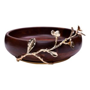 Elegant Wooden <b>Bowl</b> with Gold Leaf Flower metal Accent Handmade Natural <b>Wood</b> Decorative <b>Bowl</b> Living Room or Dining Table Decor - Product Image 2