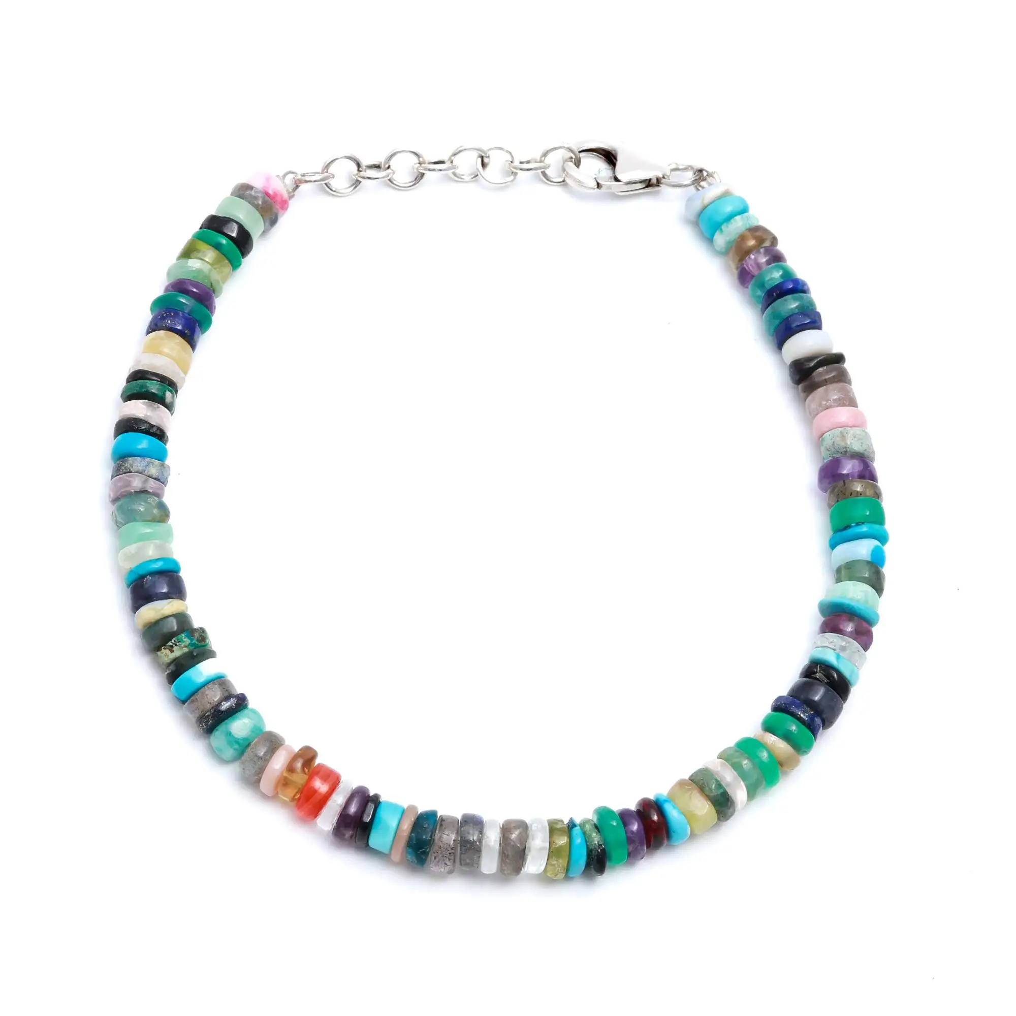 Bracelet multi pierres semi-précieuses perles de pneu Cabochon pierres précieuses multi couleur argent sterling 925 bracelet perles colorées fait main
