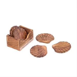 Kezevel Wooden Coasters Mango Wood Artistically Handcrafted Seashell Design Set of 6 with <b>Holder</b> for Serving Coaster <b>Plate</b> - Product Image 2