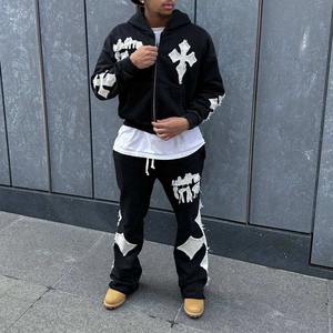 Fabrication pour hommes Ensembles de sweat-shirt à capuche et pantalon de survêtement en coton lourd délavé à l'acide Patches de broderie Survêtements zippés - Product Image 1