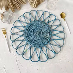 Blue Flower Scalloped Rattan <b>Placemat</b> and Charger Plates From Vietnam Factory for Dining Table <b>Set</b> of Mats & Pads - Product Image 1