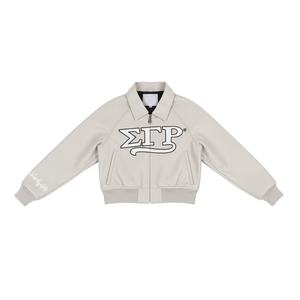 Chaqueta Universitaria de Alta Calidad Estilo Hermandad con Letras Griegas, Chaqueta Corta de Cuero Sintético para Mujer con Diseño de Cremallera - Product Image 1
