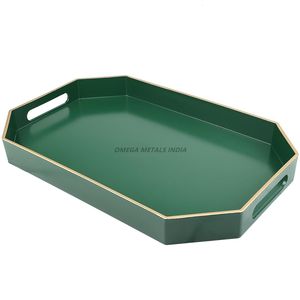 Elegante bandeja de servicio octogonal verde con borde dorado y acabado suave, perfecta para alojar y mostrar arreglos elegantes - Product Image 1
