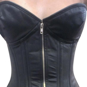 Acero deshuesado Overbust Nuevo diseño Real o Faux Black Leather Underwire Corset con cremallera Closer Fashion Wear Outfit - Product Image 5