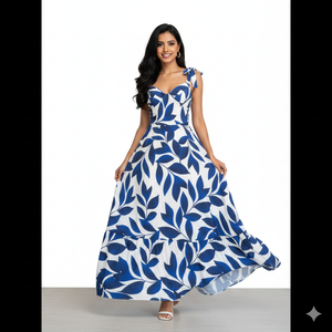 Robe longue Unity Luxure pour femme en georgette douce de qualité supérieure avec imprimé feuilles et bretelles à nouer - Product Image 1