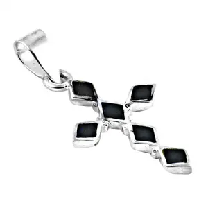 925 <b>Silver</b> Black Enamel <b>Cross</b> Pendant for Women Rhodium Plated Religious Charm Rose Gold Number Pattern Platinum Jewelry - Product Image 2