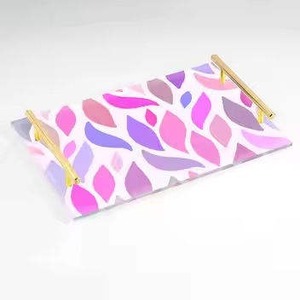 Plateau de service imprimé autocollant rose pour hôtel restaurant utilisation de table de noël plateau décoratif en or poignée - Product Image 1