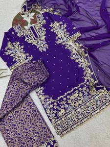 Trending Purple Embroidered Crepe Cotton Flared Plazzo Suit Women's Summer Wedding Party Wear <b>Eid</b> Traditional Indian <b>Pakistani</b> - Product Image 3