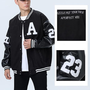 Vestes en molleton pour hommes grandes tailles, style varsity, avec logo brodé en chenille sur le devant, blocs de couleur, revers côtelés, veste réversible d'automne - Product Image 5
