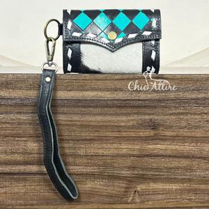 2026 Designer Hand Tooled Cowhide Leather <b>Coin</b> <b>Purse</b> Checkered Pattern Hair on Hide Western Fashion Women <b>Coin</b> Case & Key Wallet - Product Image 1