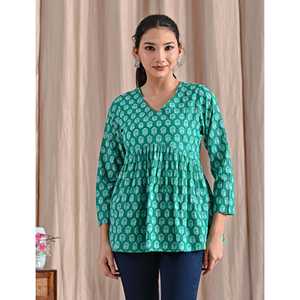 Top Peplum Verde de Algodón con Estampado Jaipuri, Transpirable, Cintura Imperio, Estilo Casual - Product Image 6