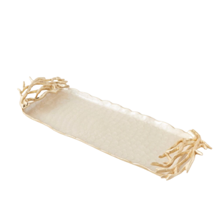 มาใหม่ถาดหินอ่อนสำหรับตกแต่งดีไซน์ทันสมัยพร้อมด้ามจับใบมีดของนักออกแบบถาดหินอ่อนพร้อมด้ามจับสีทองลายดอกไม้โลหะ - Product Image 6