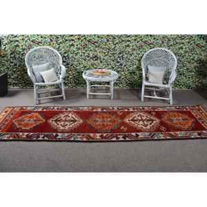 Alfombra Turca de Lana Vintage con Borde Rojo, 3.1x11.5 pies - Product Image 3