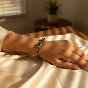 Women's Rhodium & Gold Plated 925 Silver <b>Bracelet</b> with Green Stone Featuring <b>Diamond</b> Pearl Quartz Religious Style Gold <b>Bangles</b> - Product Image 2