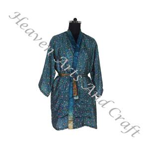 KS010 Bohemian Silk Vintage Sari Kimono Short Robe - Summer Beach Wear Bikini Silk Cover Up-Venta al por mayor Silk Sari Vintage Sari - Product Image 4