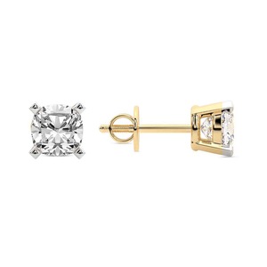 Boucles d'oreilles clous en diamant de laboratoire taillé en coussin, 1 carat total, couleur F-G, clarté VS, quatre griffes, or blanc 14K, éclat carré doux - Product Image 2