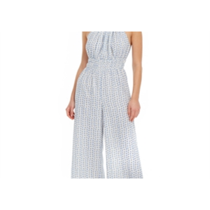 Tuta Intera da Donna Moon River Bianca/Blu a Pois con Collo Halter, Gamba Larga e Vita Alta, Taglia S - Chiffon Traspirante per Occasioni da Spiaggia - Product Image 5