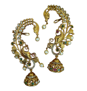 Pendientes elegantes de templo tradicional de diseñador con Jhumka y gotas de perlas | Joyería india de piedra CZ chapada en oro para mujer - Product Image 1