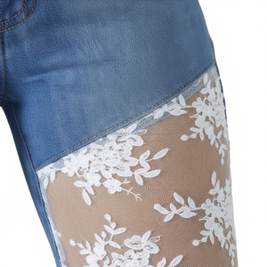 Vaqueros acampanados de cintura alta para mujer con encaje y paneles transparentes, pantalones de mezclilla de moda con parte inferior acampanada - Product Image 3