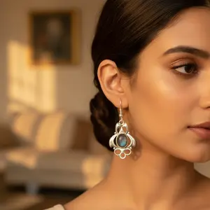 Boucles d'oreilles pendantes en argent 925 avec labradorite pour femmes, plaquées or, avec perle et diamant, pour mariage, occasions chrétiennes, cadeau - Product Image 2