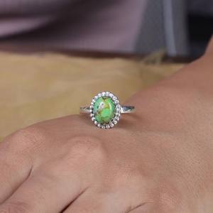 Plata de Ley 925, banda Simple, cobre verde Natural, turquesa, ajuste de bisel con cuentas, forma ovalada sólida, anillo de uso diario para fiestas - Product Image 5