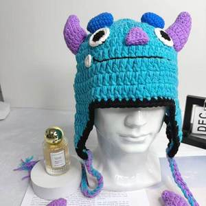 Gorro de Algodón Tejido a Crochet, Diseño Divertido de Dragón Azul, con Botones, Jacquard, Unisex, Cálido para Invierno, para Viajes, Ajustable - Product Image 2
