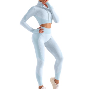 Ensemble de yoga 2 pièces à fermeture éclair avec motif solide respirant taille moyenne fermeture élastique Logo avant personnalisable techniques teintes unies - Product Image 1