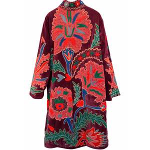 Red Velvet Embroidered Long <b>Jacket</b> for Ladies Quilted Varsity Boho Styles Reversible Stand <b>Suede</b> Leather for Autumn Winter - Product Image 2