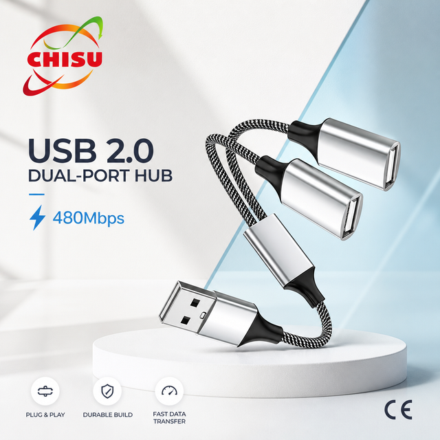 USB 2.0 Dual Port Hub 480Mbps USB A 1 to 2 Splitter Aluminum Alloy Braided USB Hub Adapter