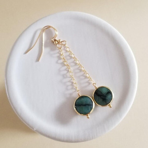 Boucles d'oreilles pendantes en forme de pièce d'argent émeraude, pierre précieuse naturelle verte, plaqué or rose, bijoux faits à la main pour femmes - Product Image 5