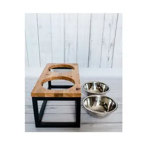 아카시아 나무 먹이 스테이션 그릇 홀더 스테인레스 스틸 그릇과 철제 스탠드가있는 나무 애완 동물 더블 다이너