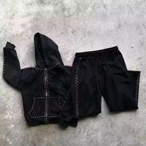 Ensemble deux pièces vintage personnalisé pour homme, sweat-shirt à capuche et pantalon de jogging imprimé avec des strass, lavage à l'acide, pantalon de survêtement évasé - Product Image 5