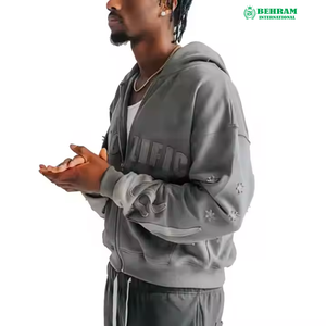 Sweats à capuche zippés personnalisés de 600g, crop fit, poids lourd, coton organique, impression en silicone, patch de broderie en détresse, sweats à capuche à fermeture éclair - Product Image 3