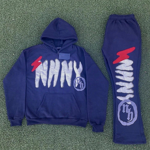 Ensemble survêtement homme personnalisé 3D pour impression en relief, en molleton de coton oversize, avec pantalon de survêtement évasé et sweat à capuche, motif uni et strass - Product Image 1